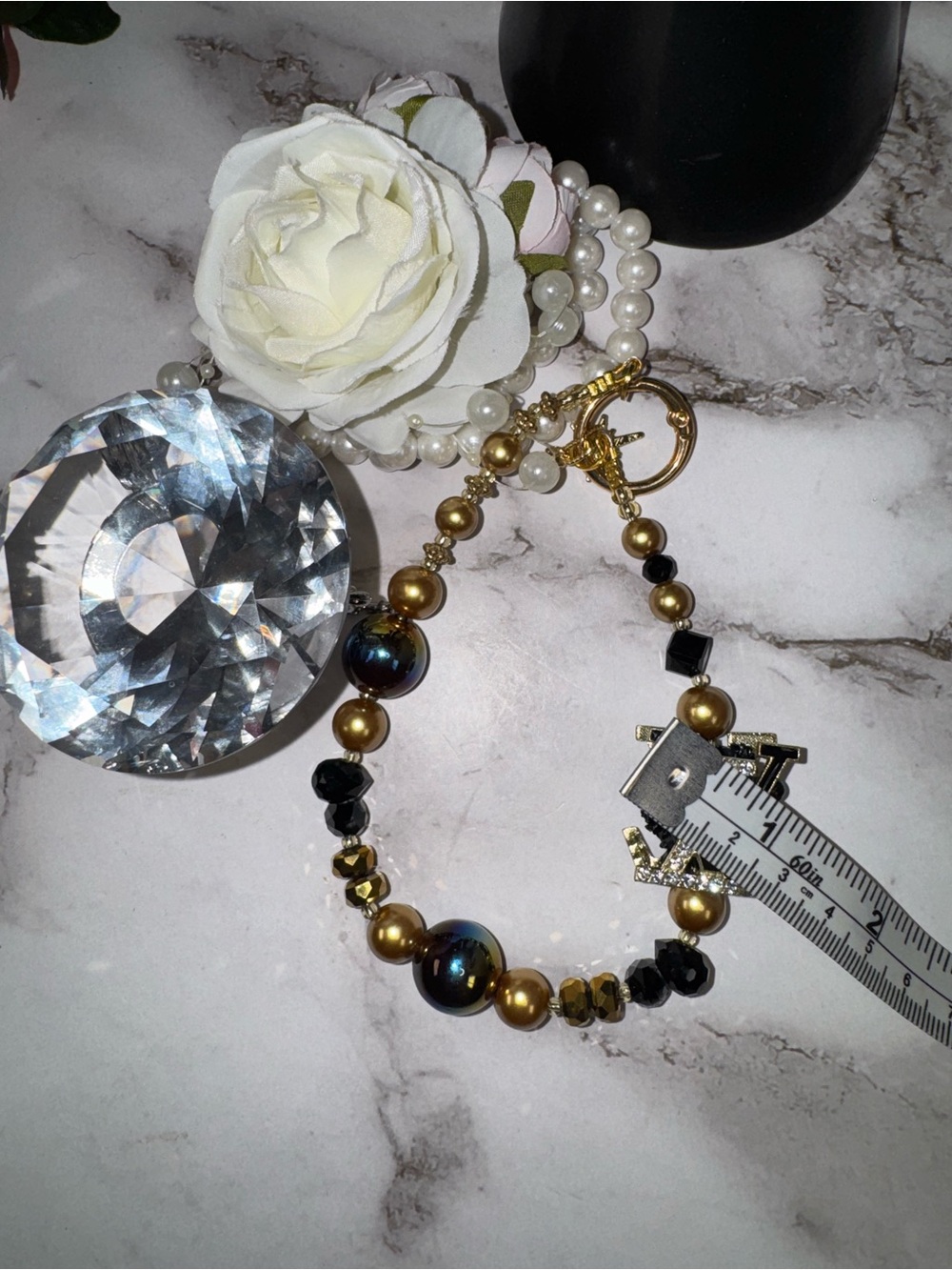 Gold and Black Beaded Keychain with Iridescent Accent
